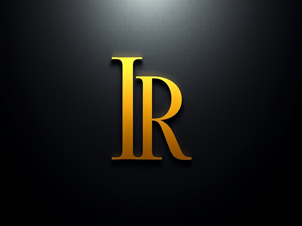 Elegant gold monogram 'LR' on a dark textured background. Soft studio lighting, shallow depth of field. Photorealistic, 8k.